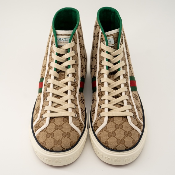size 10.5G 11 US Gucci GG Canvas Tennis 1977 Beige Hight Top - Picture 3 of 14
